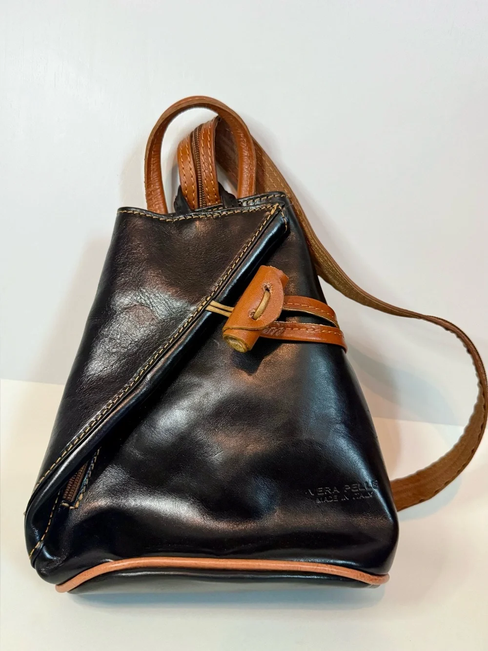 Vera Pelle Black Italian Leather Mini Backpack/Sling Bag